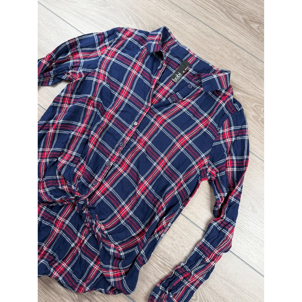 Bobi Womens Button Up Front Tie Plaid Flannel Shirt Navy Red Small